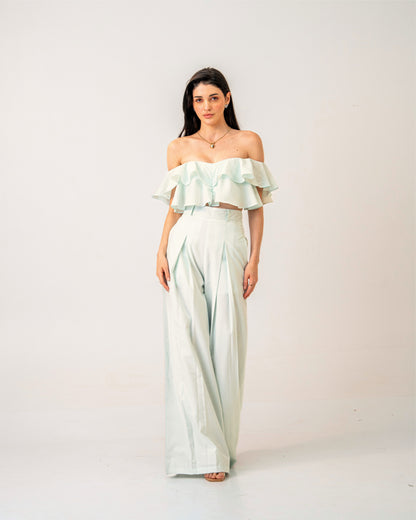 Mint Mirage set – Off-Shoulder Pastel Green Ruffle top & High-waist trousers Co-ord Set