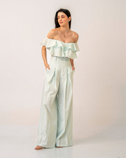 Mint Mirage set – Off-Shoulder Pastel Green Ruffle top & High-waist trousers Co-ord Set