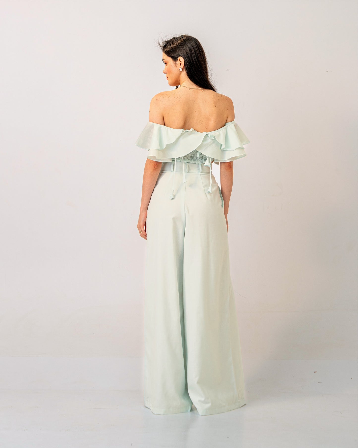 Mint Mirage set – Off-Shoulder Pastel Green Ruffle top & High-waist trousers Co-ord Set