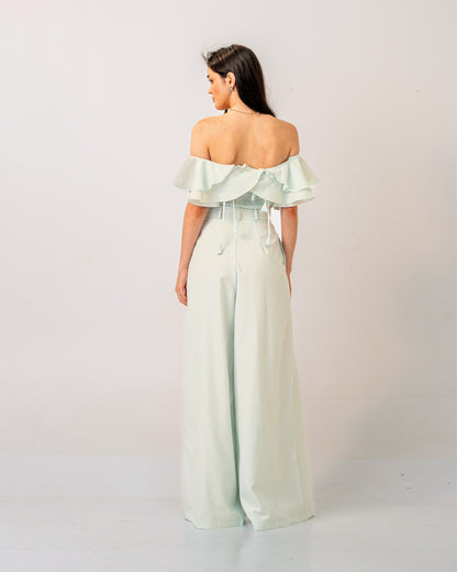 Mint Mirage set – Off-Shoulder Pastel Green Ruffle top & High-waist trousers Co-ord Set