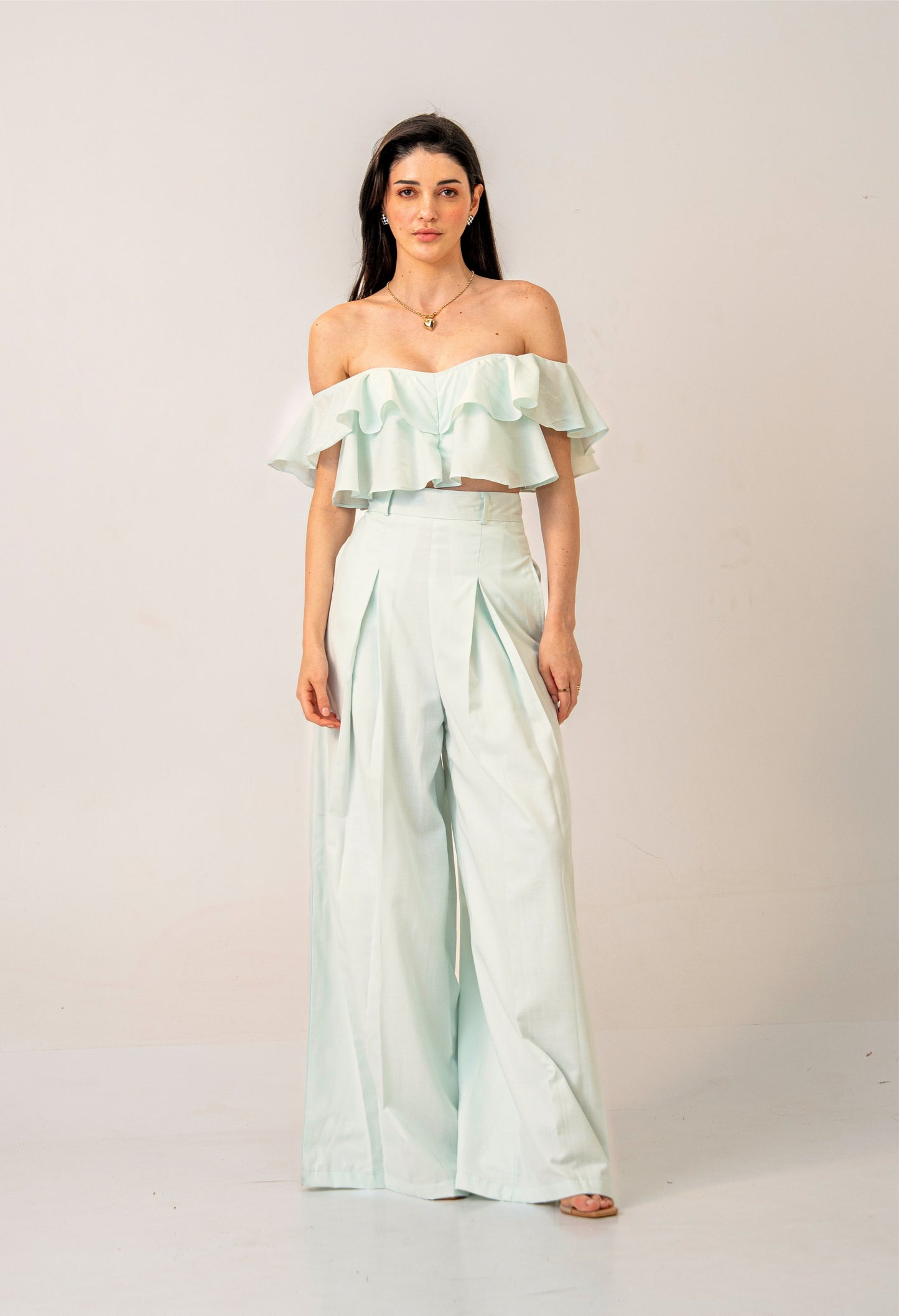 Mint Mirage set – Off-Shoulder Pastel Green Ruffle top & High-waist trousers Co-ord Set