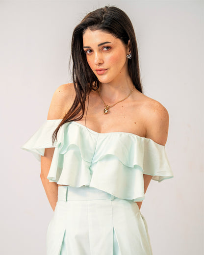 Mint Mirage set – Off-Shoulder Pastel Green Ruffle top & High-waist trousers Co-ord Set