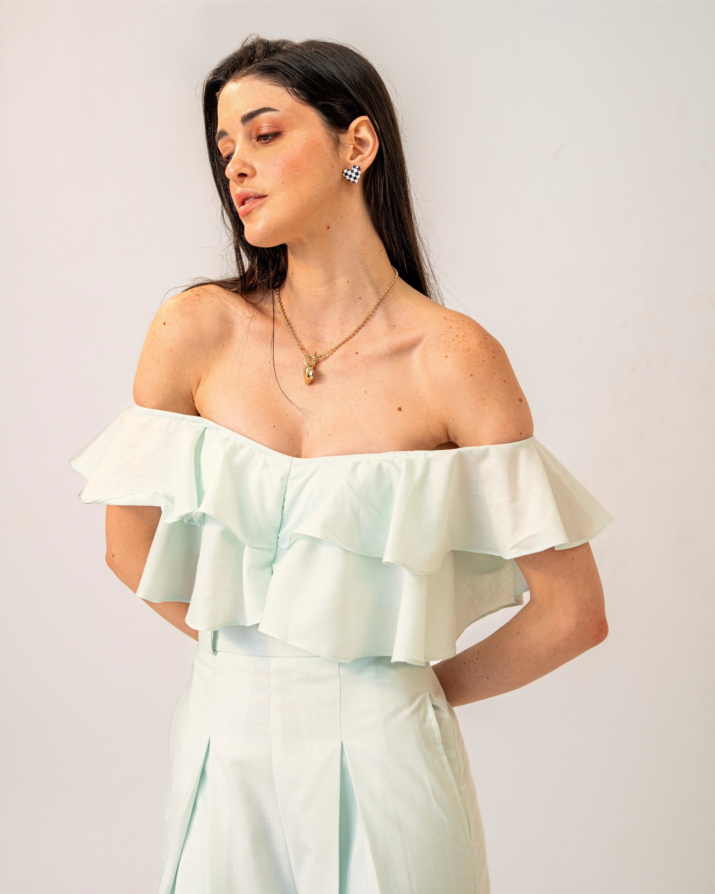 Mint Mirage set – Off-Shoulder Pastel Green Ruffle top & High-waist trousers Co-ord Set