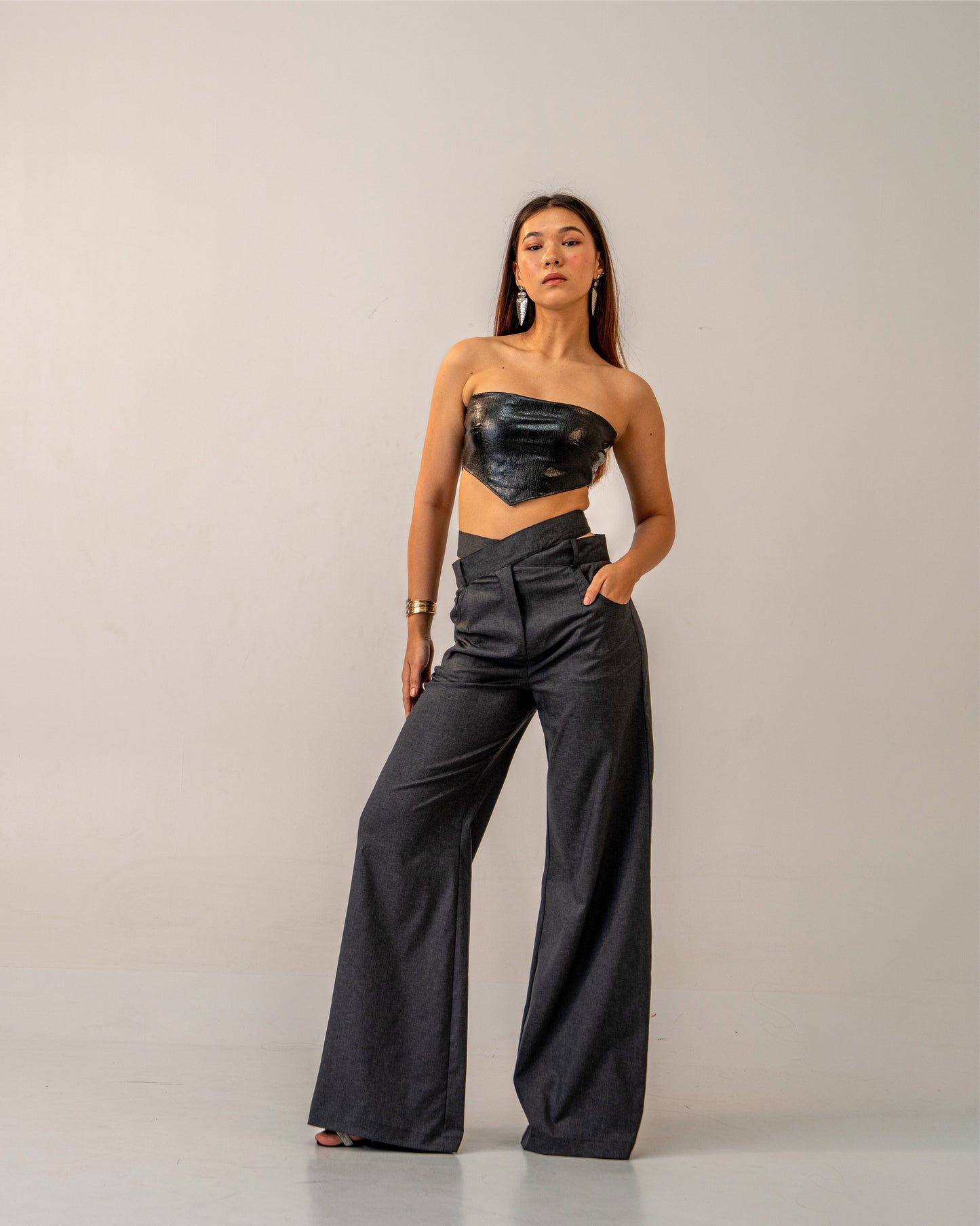 Black Fire Set – Faux Black Leather Bandeau Top & Asymmetric Trousers Co-ord Set