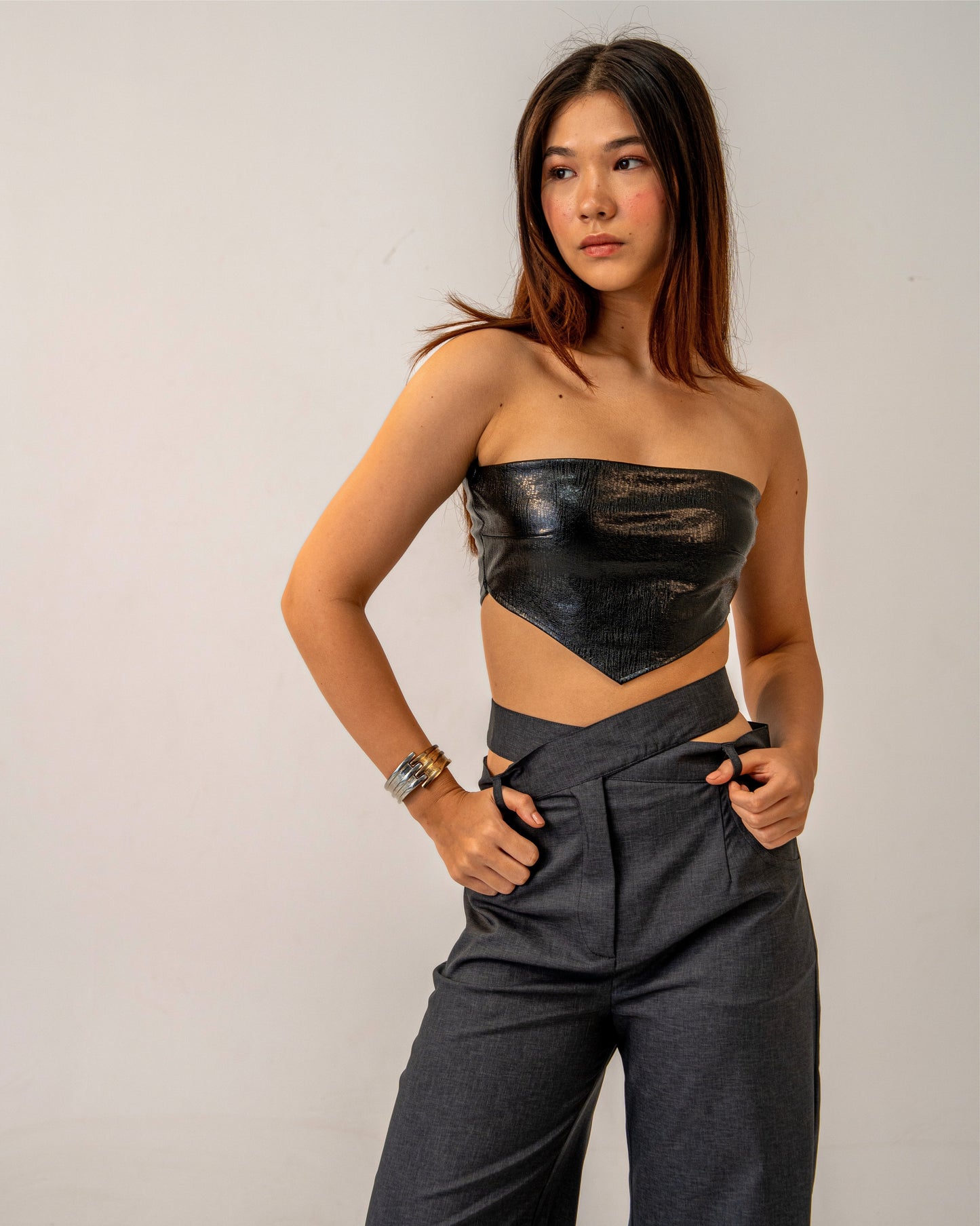 Black Fire Set – Faux Black Leather Bandeau Top & Asymmetric Trousers Co-ord Set