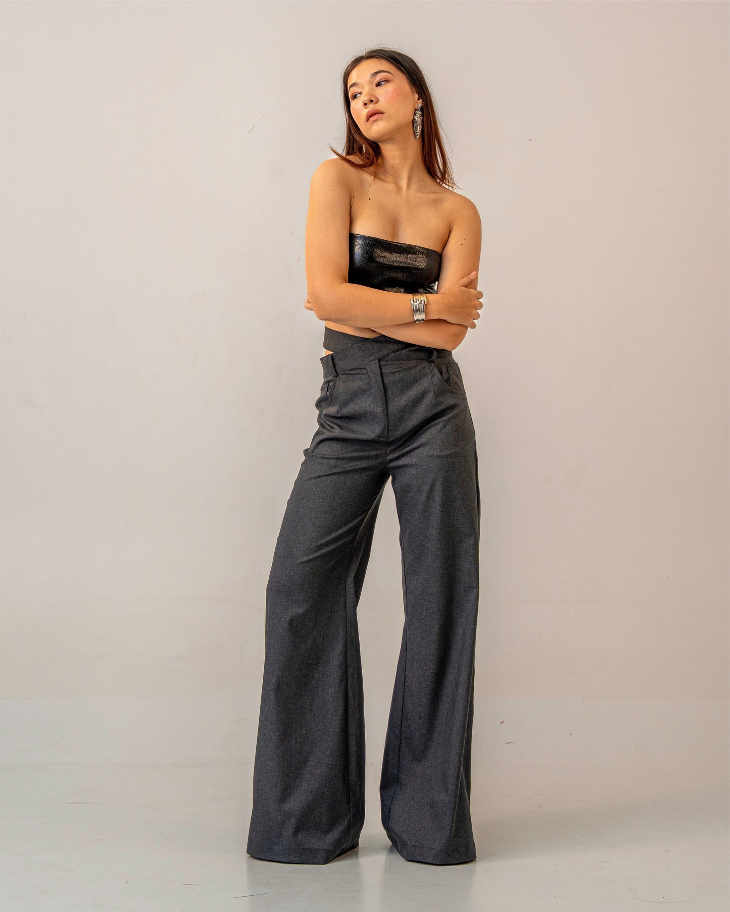 Black Fire Set – Faux Black Leather Bandeau Top & Asymmetric Trousers Co-ord Set