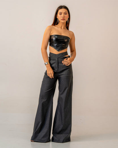 Black Fire Set – Faux Black Leather Bandeau Top & Asymmetric Trousers Co-ord Set