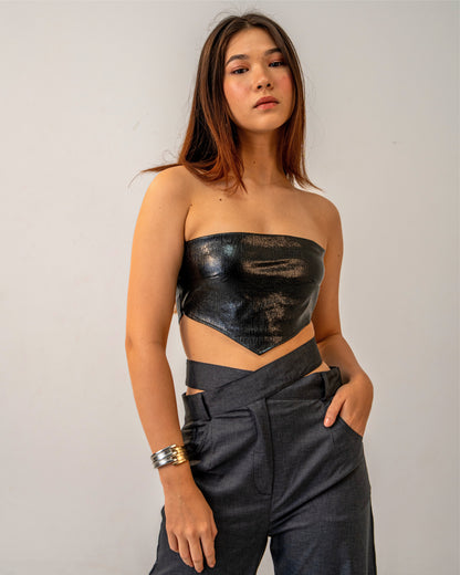 Black Fire Set – Faux Black Leather Bandeau Top & Asymmetric Trousers Co-ord Set