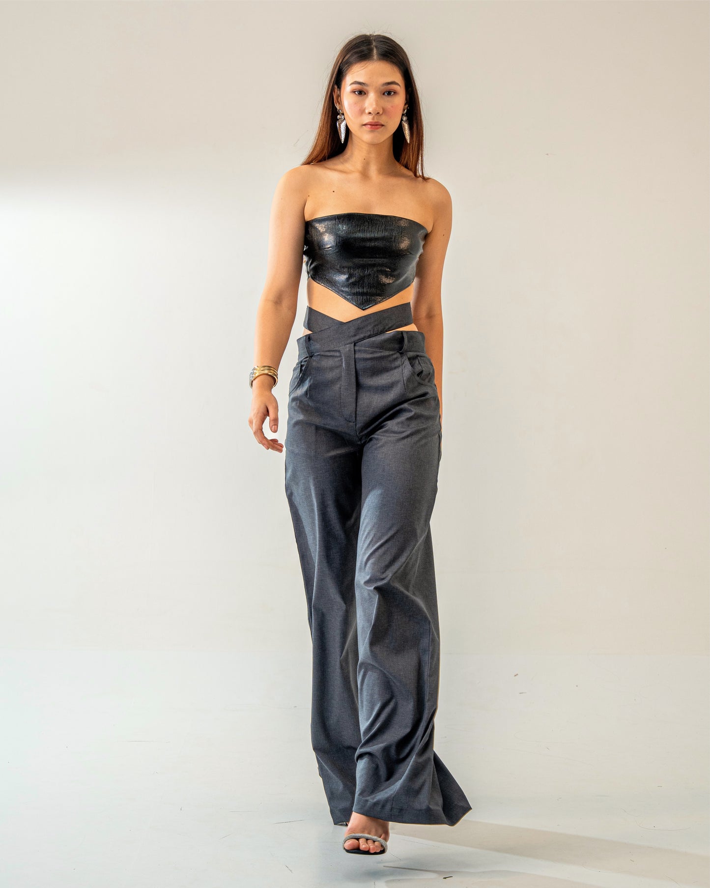 Black Fire Set – Faux Black Leather Bandeau Top & Asymmetric Trousers Co-ord Set