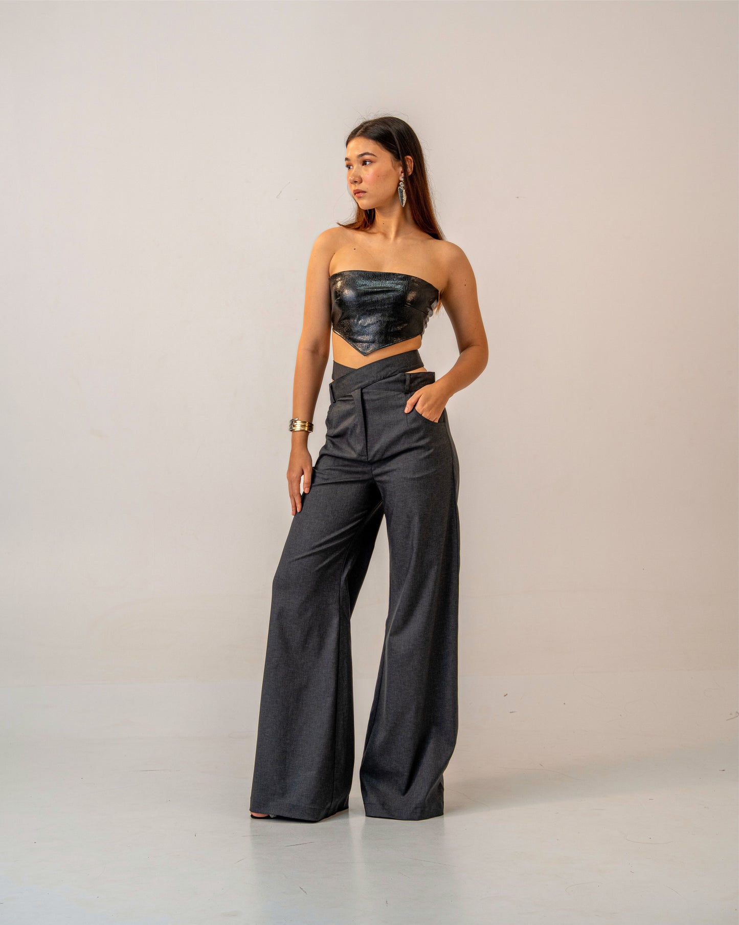 Black Fire Set – Faux Black Leather Bandeau Top & Asymmetric Trousers Co-ord Set