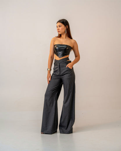 Black Fire Set – Faux Black Leather Bandeau Top & Asymmetric Trousers Co-ord Set