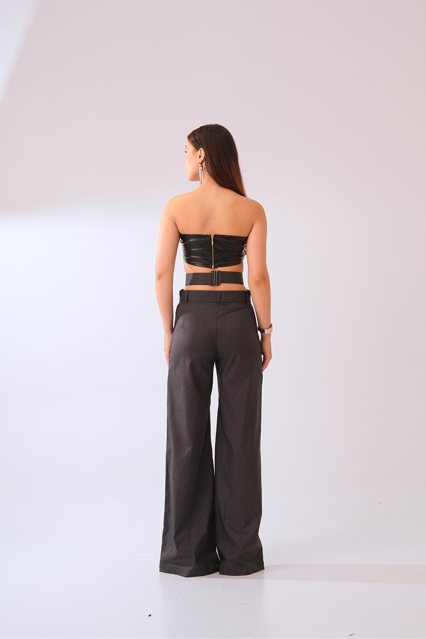 Black Fire Set – Faux Black Leather Bandeau Top & Asymmetric Trousers Co-ord Set