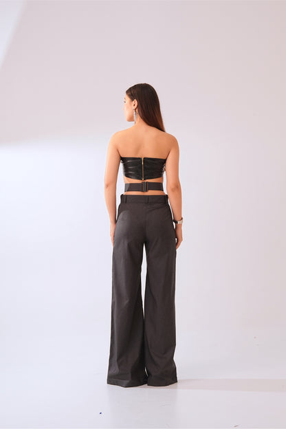 Black Fire Set – Faux Black Leather Bandeau Top & Asymmetric Trousers Co-ord Set