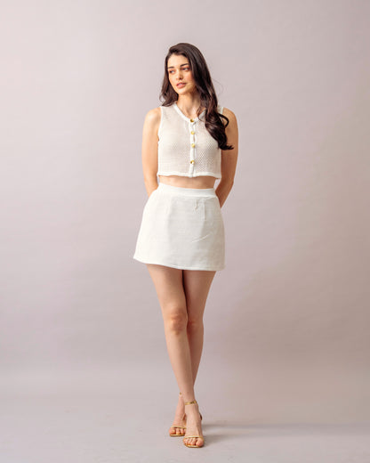 Soft Mesh Co-ord set – White Crochet Knit with inner & Mini Skirt Set for Women