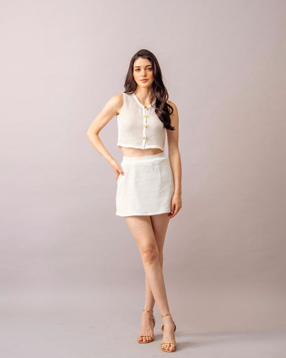 Soft Mesh Co-ord set – White Crochet Knit with inner & Mini Skirt Set for Women