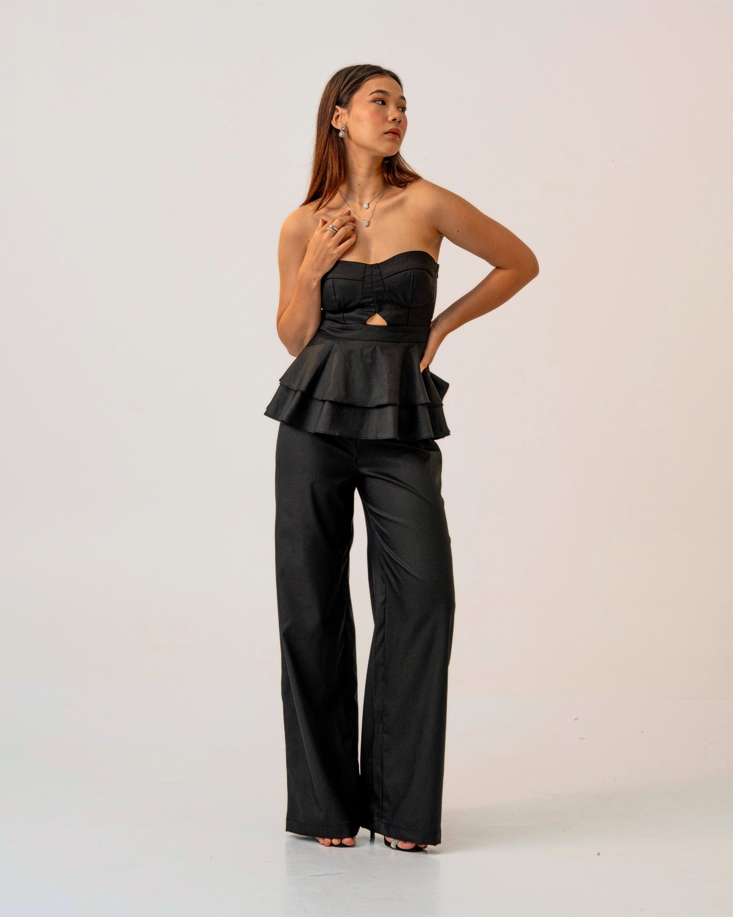 After Dark Set – Peplum Corset Style Top & Tailored Flat Front Trouser Co-ord Set