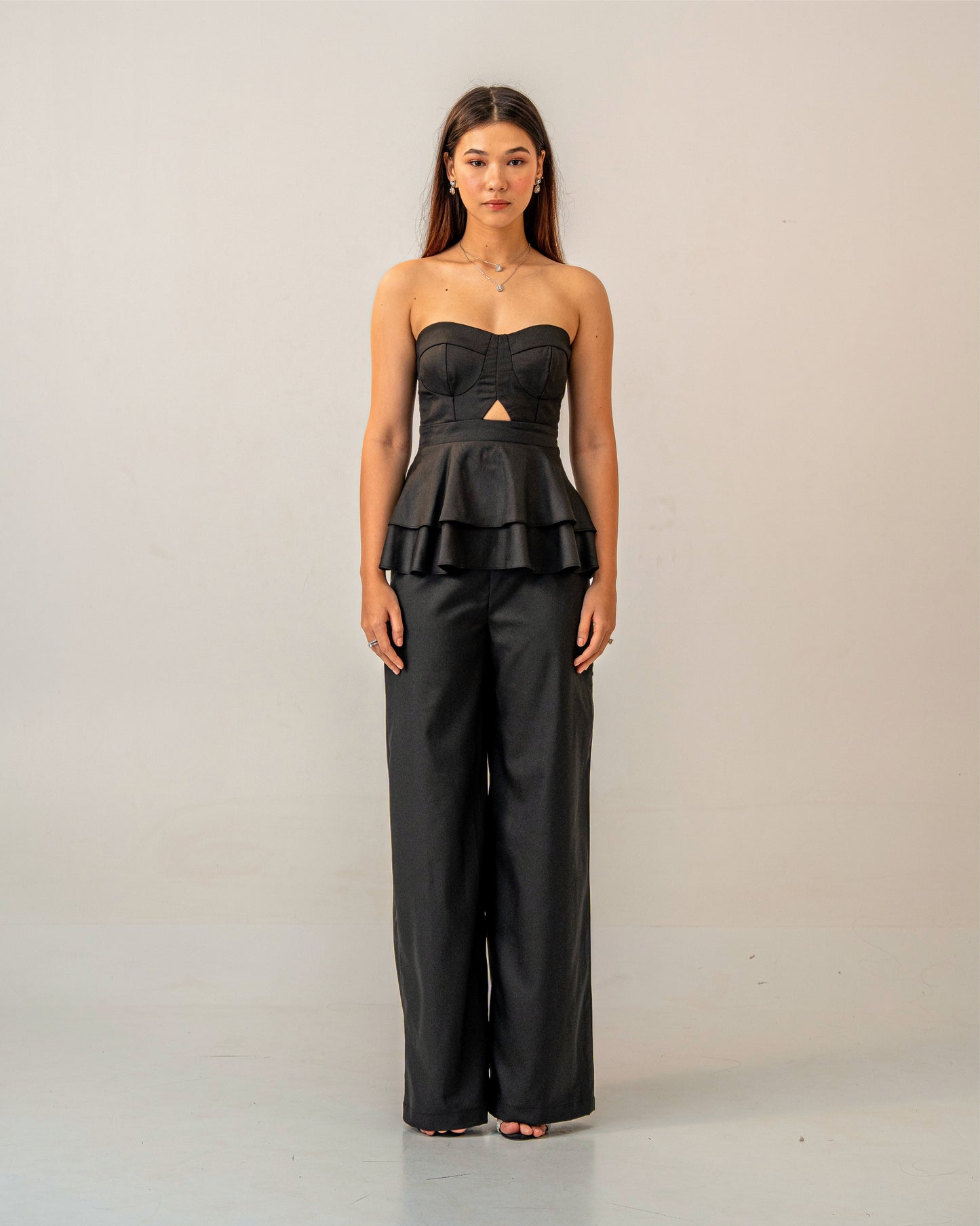 After Dark Set – Peplum Corset Style Top & Tailored Flat Front Trouser Co-ord Set