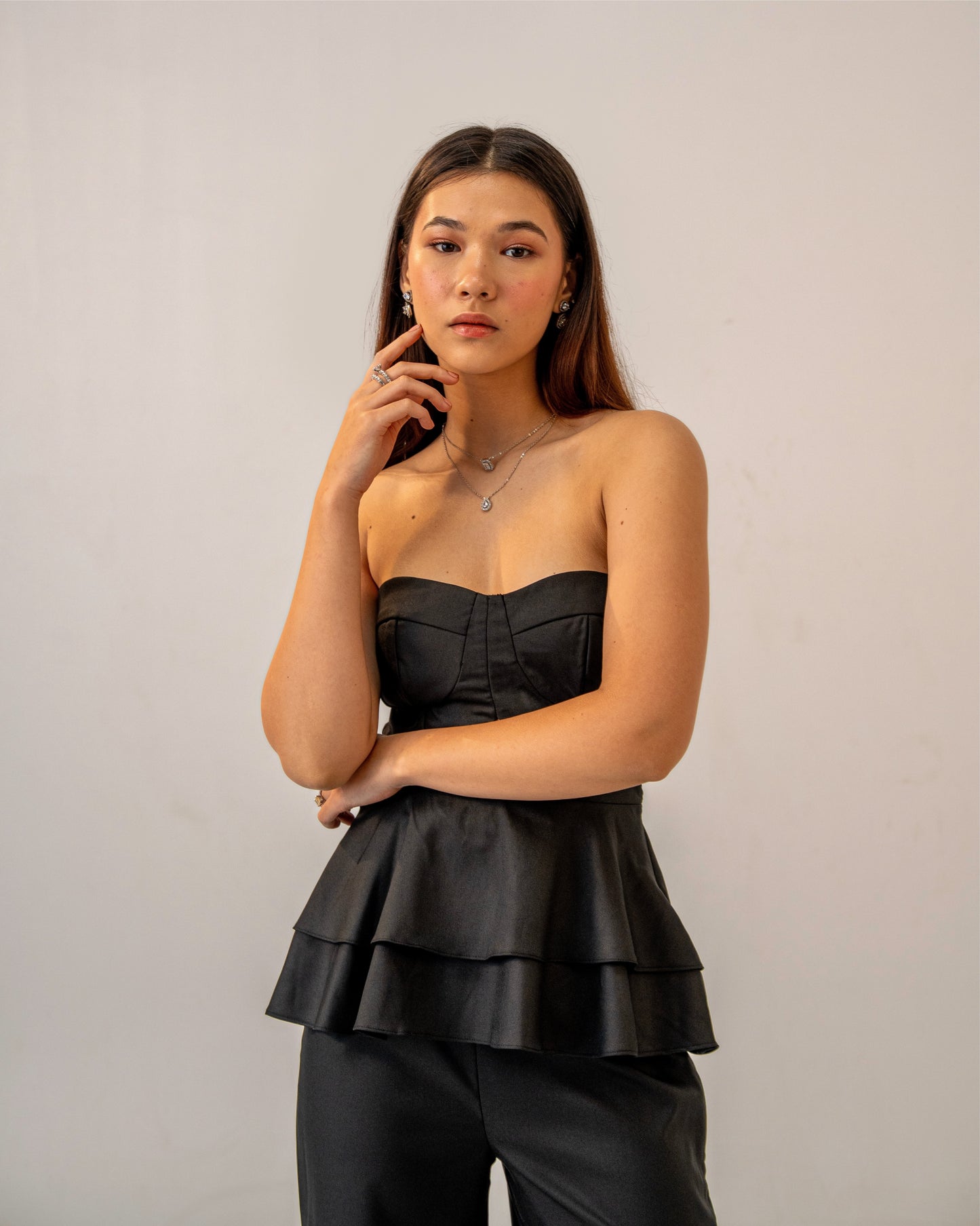 After Dark Set – Peplum Corset Style Top & Tailored Flat Front Trouser Co-ord Set