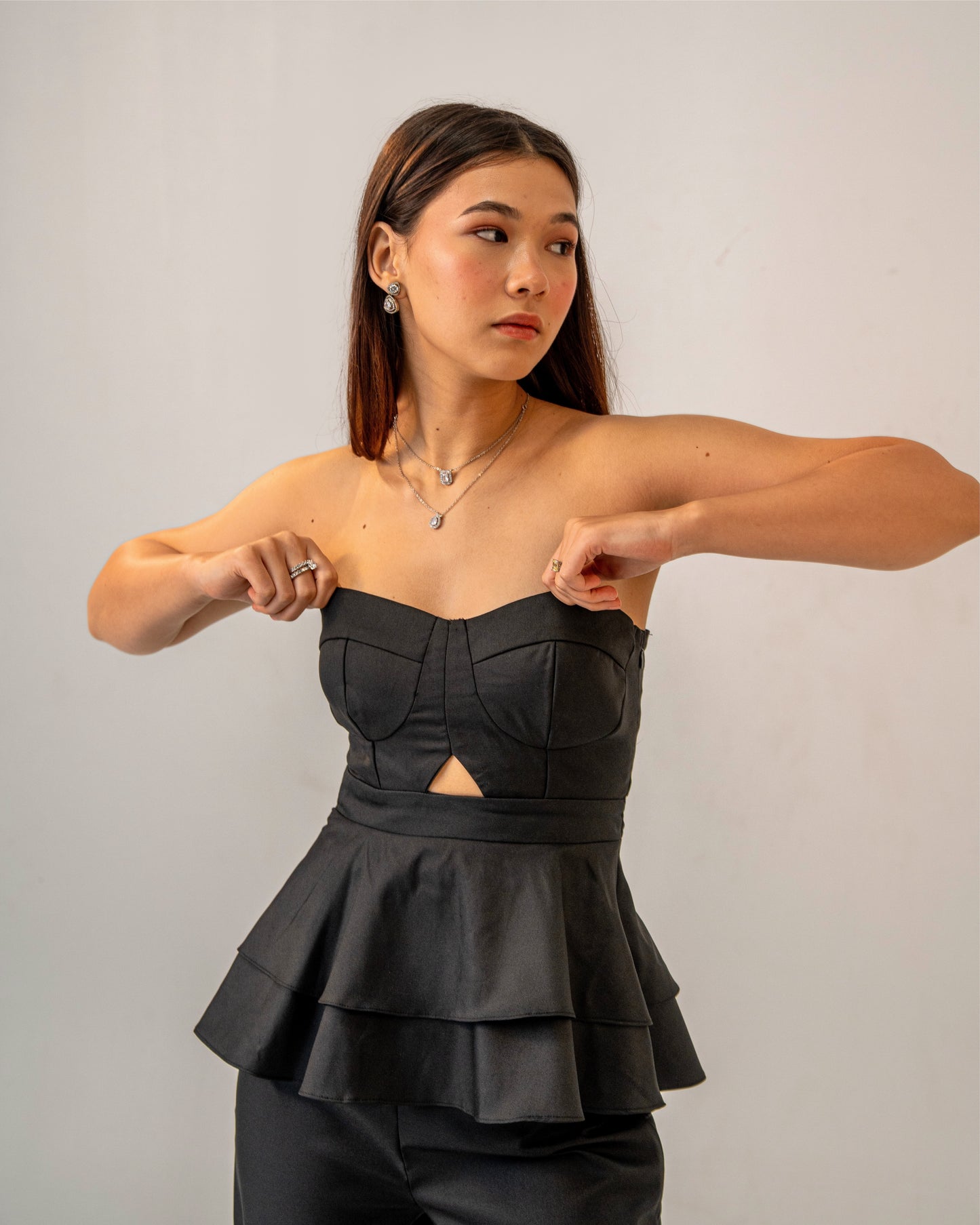 After Dark Set – Peplum Corset Style Top & Tailored Flat Front Trouser Co-ord Set