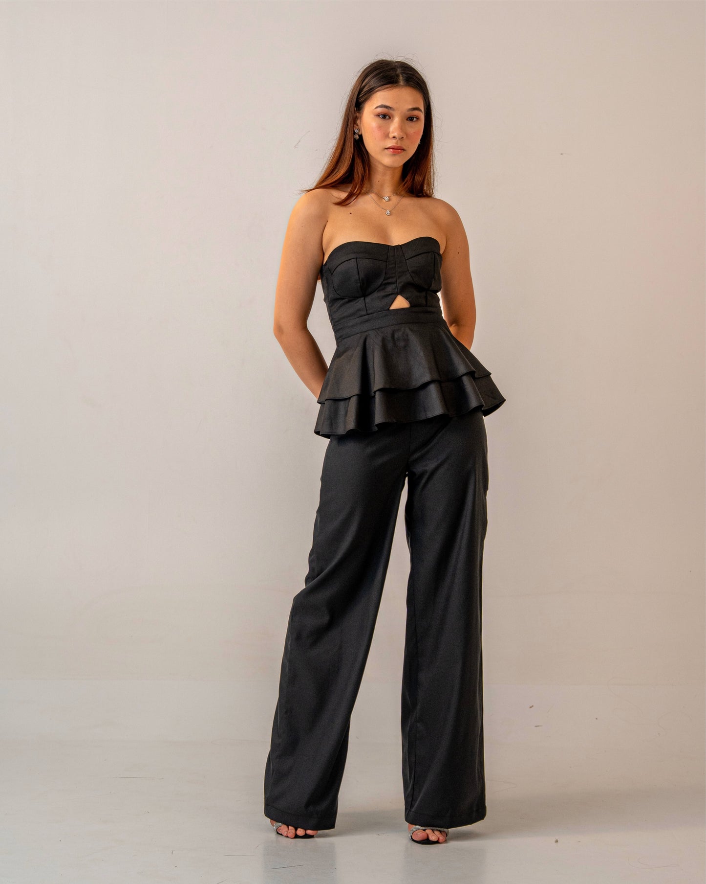 After Dark Set – Peplum Corset Style Top & Tailored Flat Front Trouser Co-ord Set