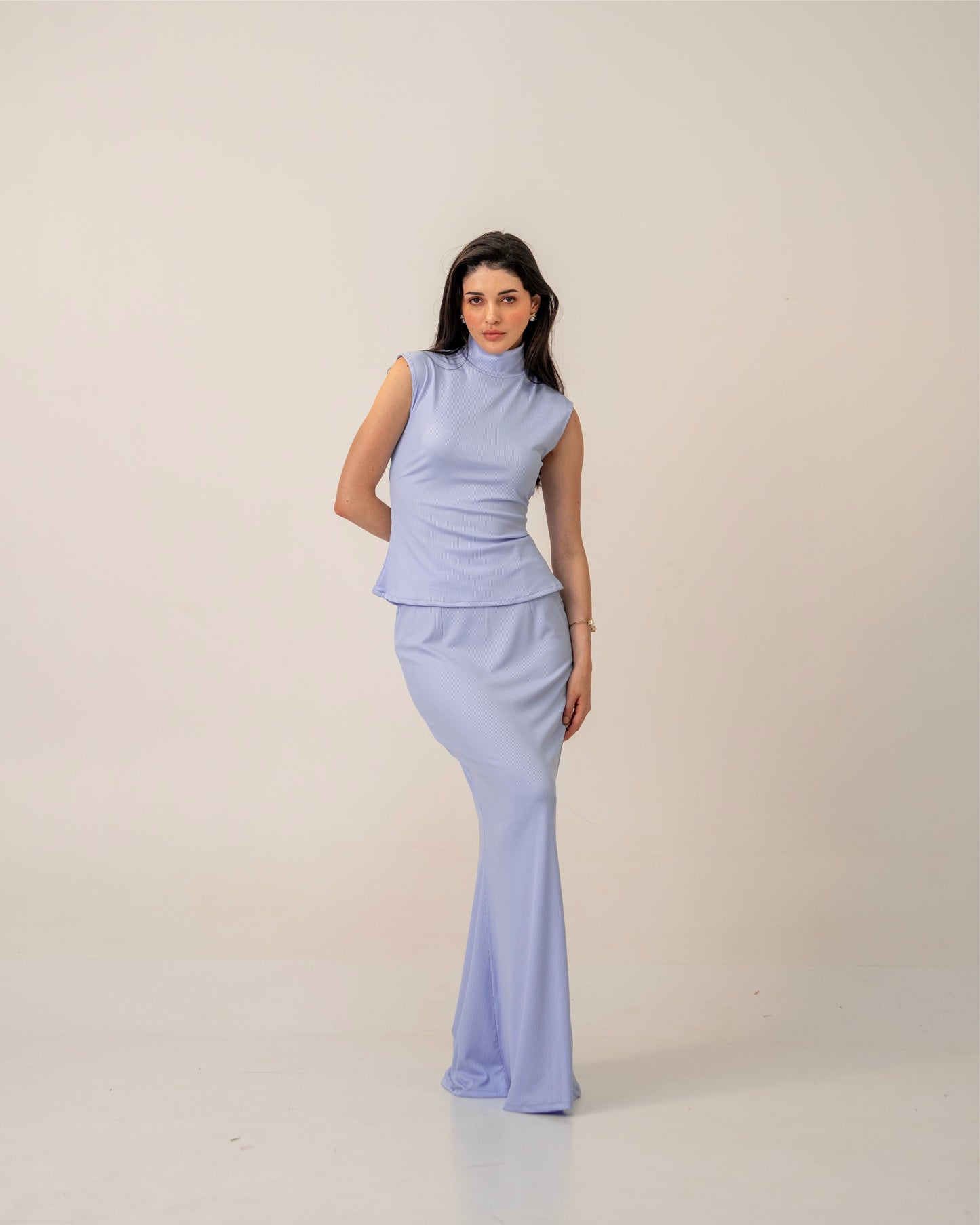 Morning Mist Top – Sculpted Pastel High-Neck Ribbed Knit Top for Women