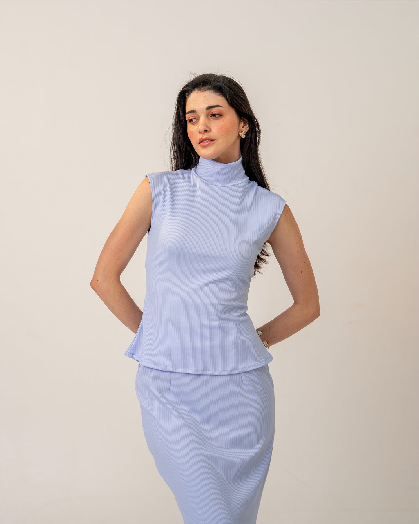 Morning Mist Top – Sculpted Pastel High-Neck Ribbed Knit Top for Women