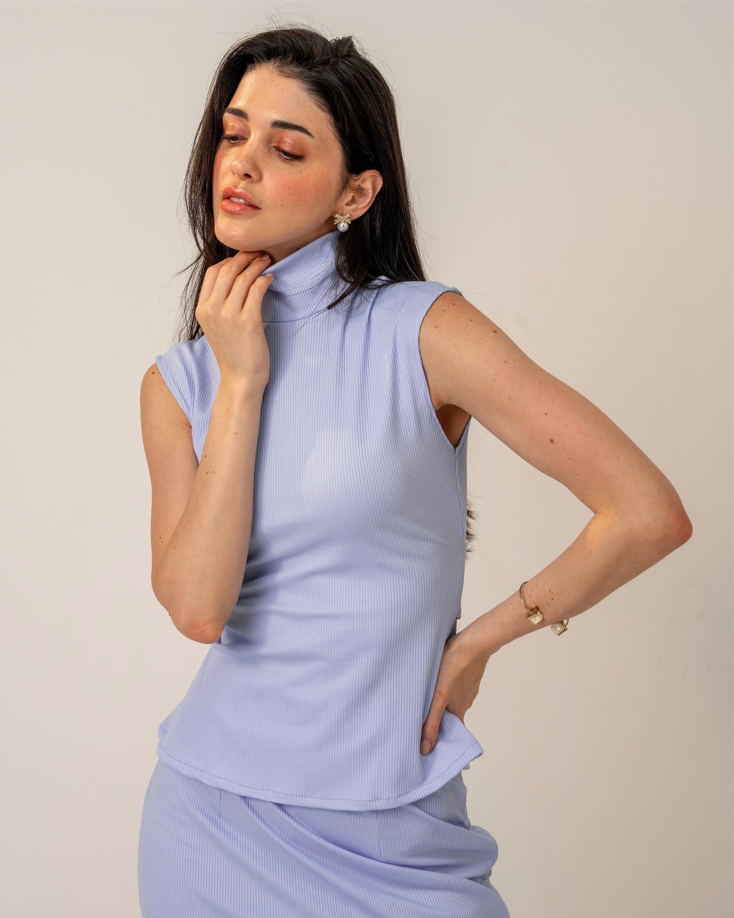 Morning Mist Set – Sculpted Pastel High-Neck Ribbed Knit Top & Column Maxi Skirt Co-ord Set