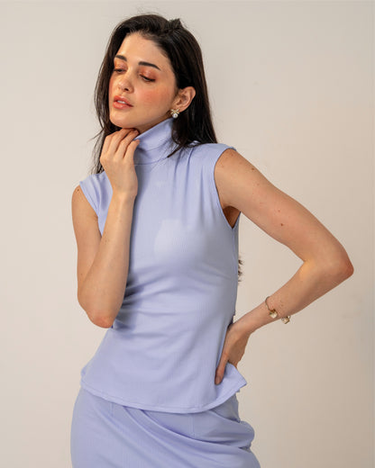 Morning Mist Set – Sculpted Pastel High-Neck Ribbed Knit Top & Column Maxi Skirt Co-ord Set