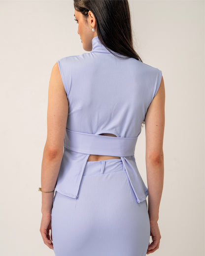 Morning Mist Set – Sculpted Pastel High-Neck Ribbed Knit Top & Column Maxi Skirt Co-ord Set