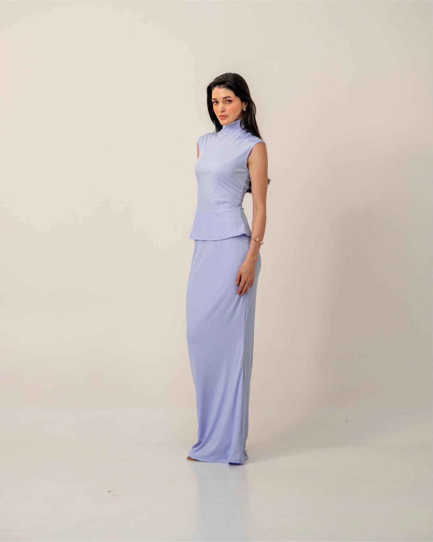 Morning Mist Top – Sculpted Pastel High-Neck Ribbed Knit Top for Women