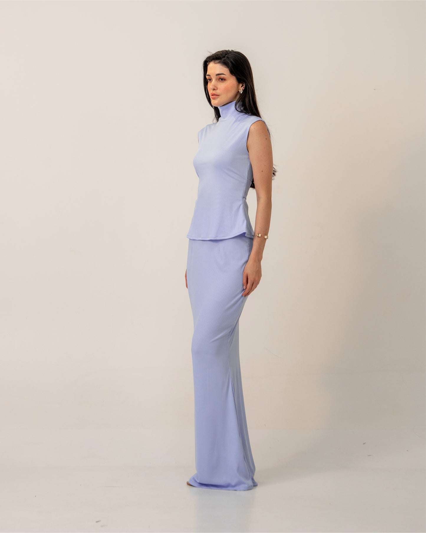 Morning Mist Top – Sculpted Pastel High-Neck Ribbed Knit Top for Women