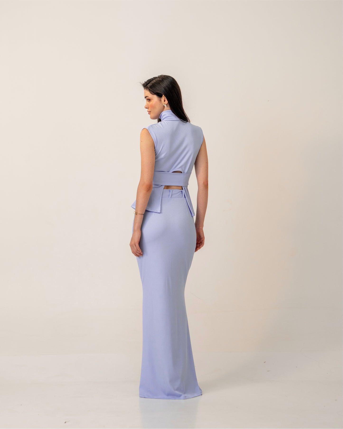 Morning Mist Set – Sculpted Pastel High-Neck Ribbed Knit Top & Column Maxi Skirt Co-ord Set