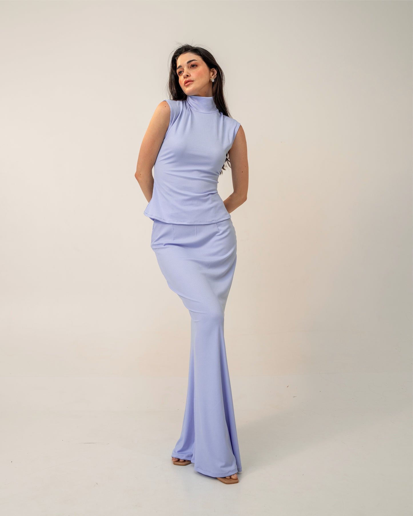 Morning Mist Top – Sculpted Pastel High-Neck Ribbed Knit Top for Women