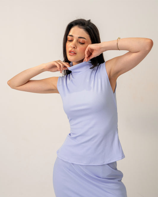 Morning Mist Top – Sculpted Pastel High-Neck Ribbed Knit Top for Women