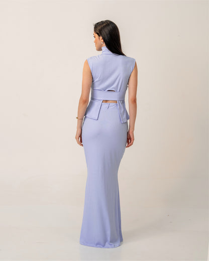 Morning Mist Set – Sculpted Pastel High-Neck Ribbed Knit Top & Column Maxi Skirt Co-ord Set