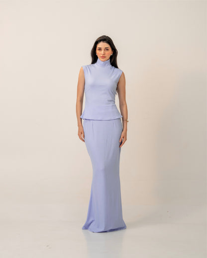 Morning Mist Set – Sculpted Pastel High-Neck Ribbed Knit Top & Column Maxi Skirt Co-ord Set