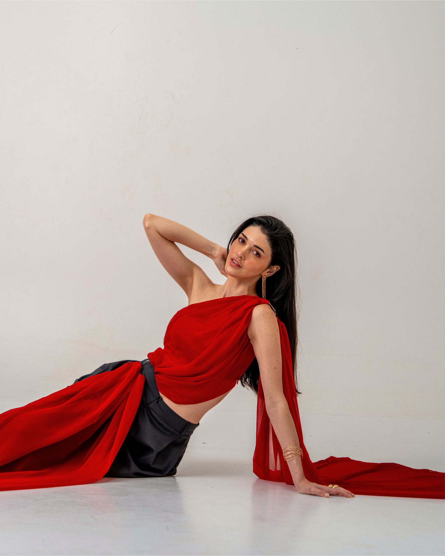 Fire & Form Top – Convertible Draped Red Chiffon Crop Top