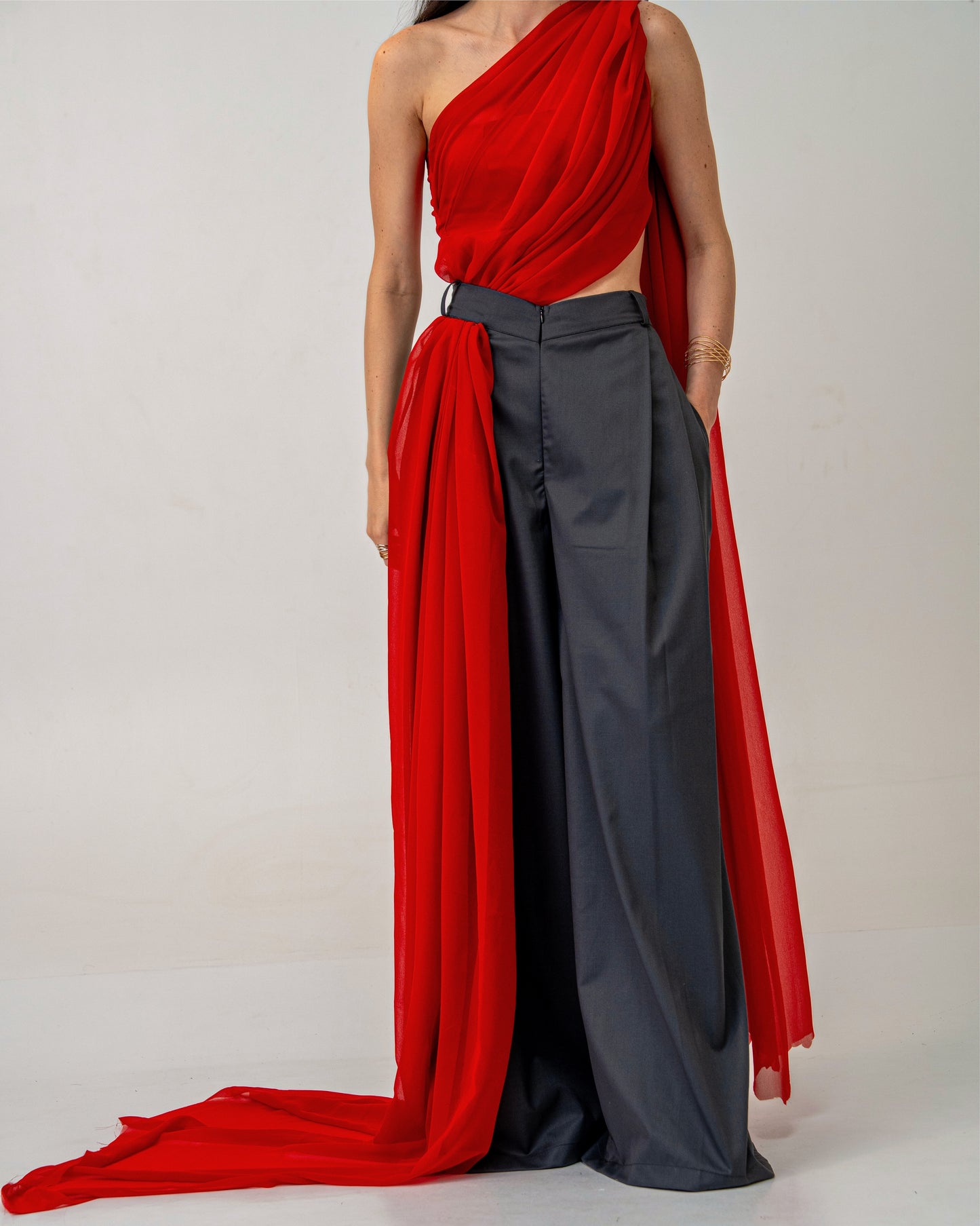 Fire & Form Top – Convertible Draped Red Chiffon Crop Top