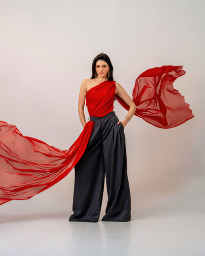 Fire & Form Top – Convertible Draped Red Chiffon Crop Top