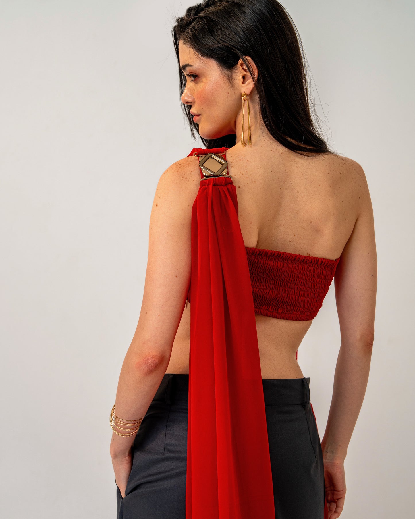 Fire & Form Top – Convertible Draped Red Chiffon Crop Top