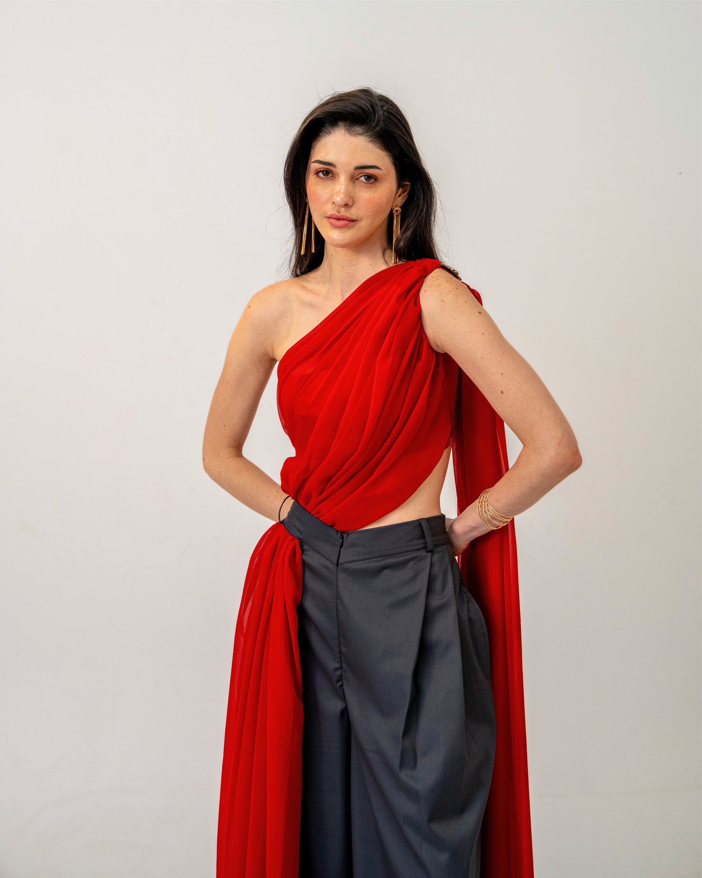 Fire & Form Top – Convertible Draped Red Chiffon Crop Top
