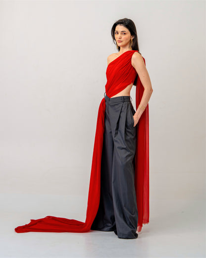 Fire & Form Top – Convertible Draped Red Chiffon Crop Top