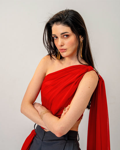 Fire & Form Top – Convertible Draped Red Chiffon Crop Top