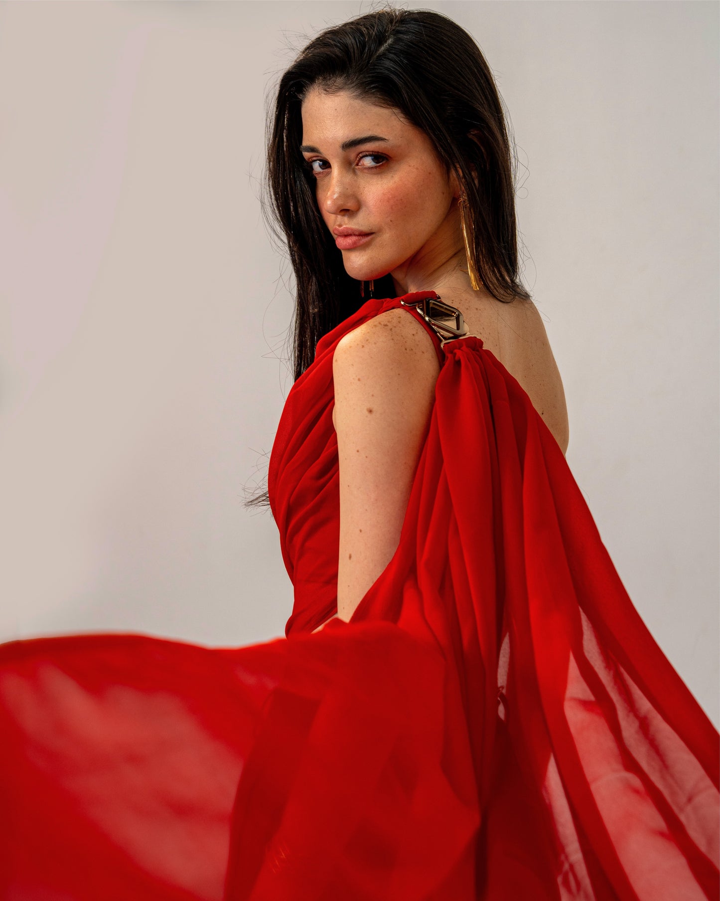 Fire & Form Top – Convertible Draped Red Chiffon Crop Top