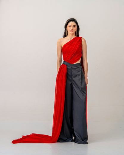 Fire & Form Top – Convertible Draped Red Chiffon Crop Top