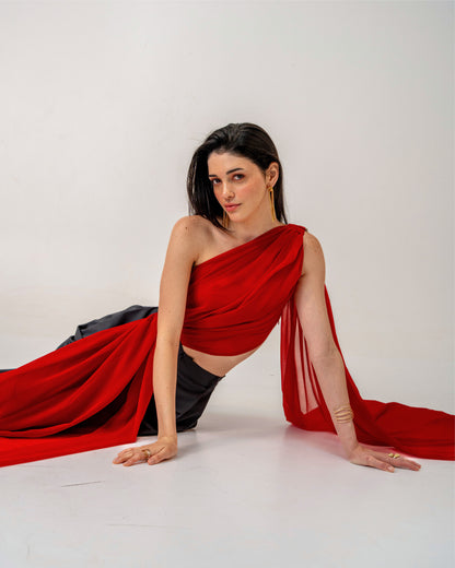 Fire & Form Top – Convertible Draped Red Chiffon Crop Top
