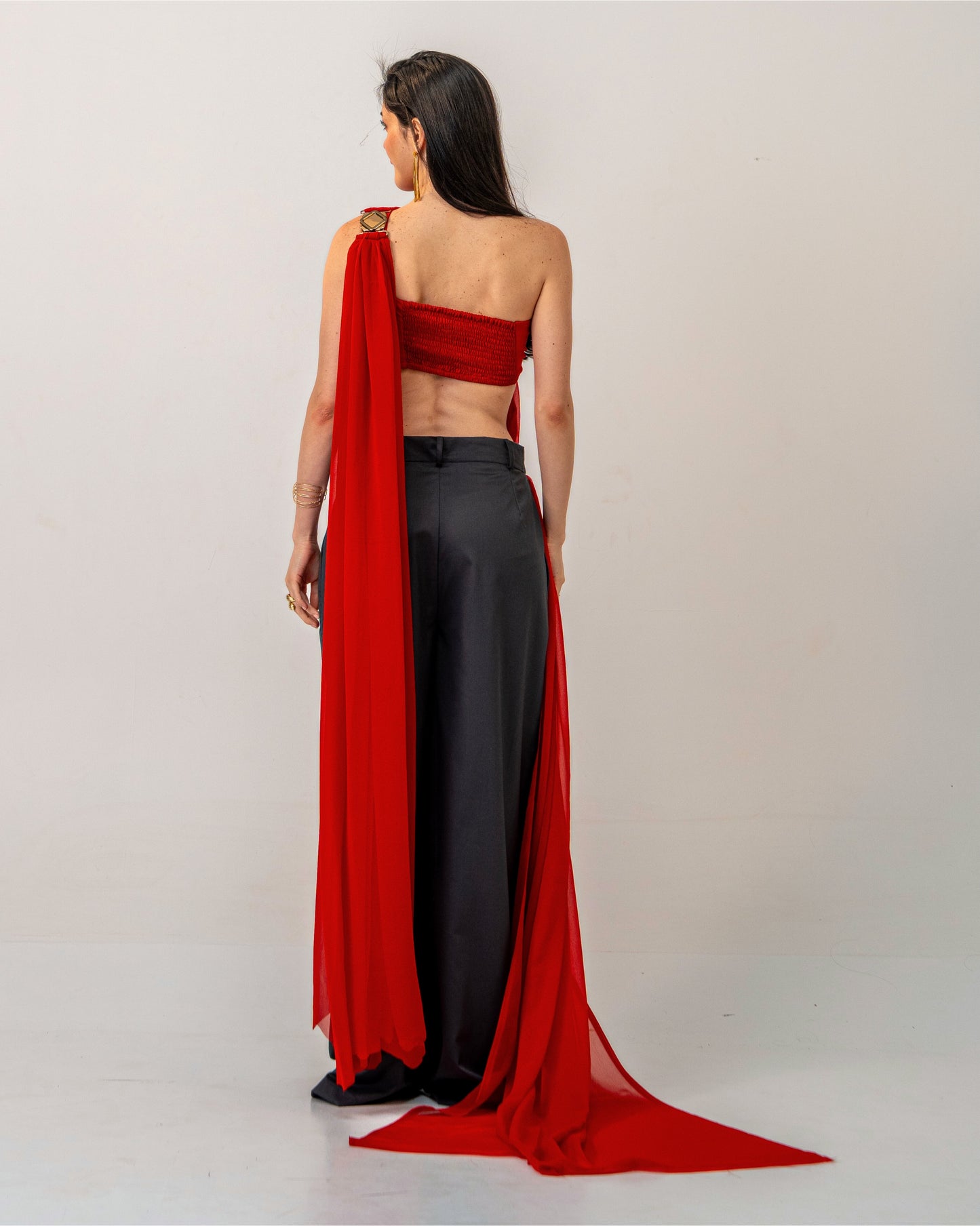 Fire & Form Top – Convertible Draped Red Chiffon Crop Top