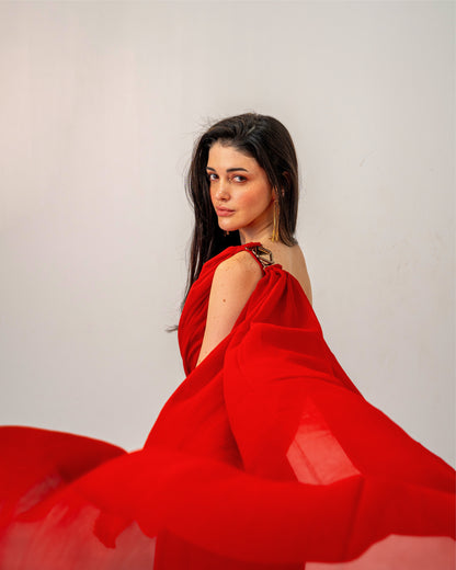 Fire & Form Top – Convertible Draped Red Chiffon Crop Top