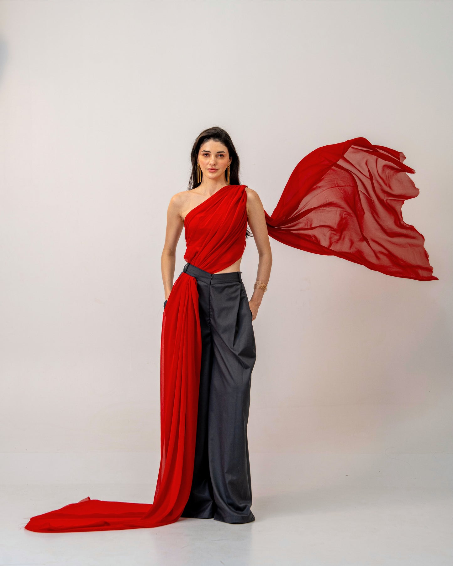 Fire & Form Top – Convertible Draped Red Chiffon Crop Top