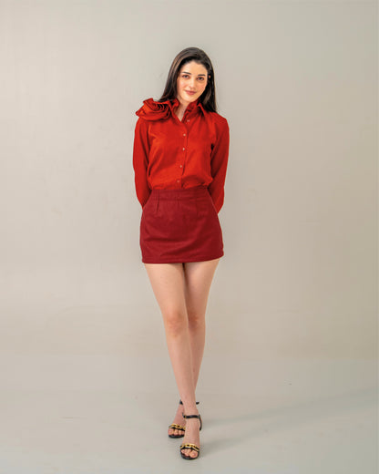 Love Affair Set – Sculpted Rose Shirt & Maroon Mini Skirt Co-ord Set for Women
